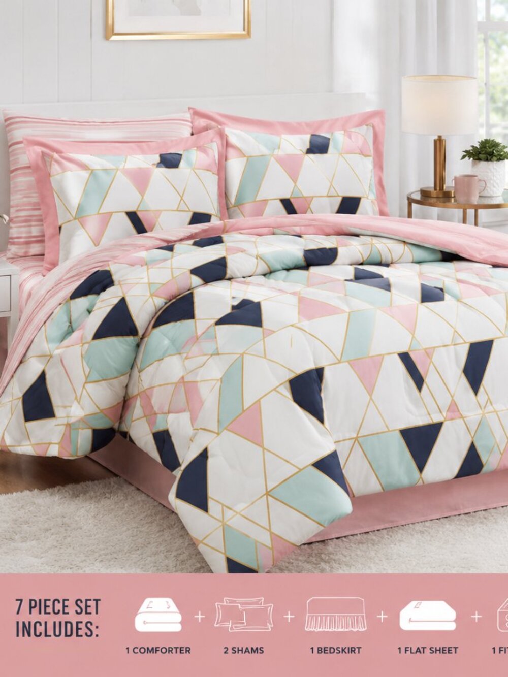Style 212 Geo Pink 7 Piece Bed in a Bag